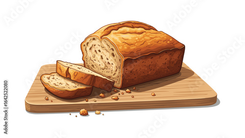 Cartoon style illustration of fresh baked bread loaf with slices on wooden board