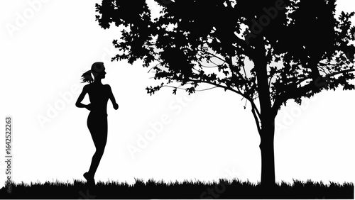 Silhouette of a woman jogging near a tree with leaves in a black and white outdoor nature scene image | editable eps vectors