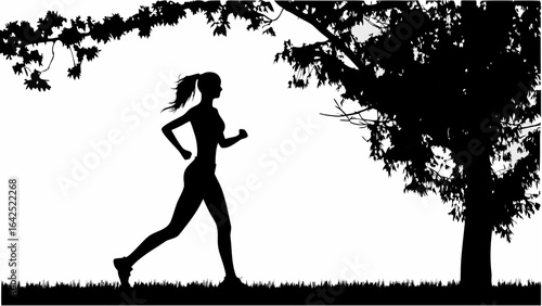 Silhouette of a woman jogging under trees in a park with grass and foliage creating a natural scene outdoors | editable eps vectors