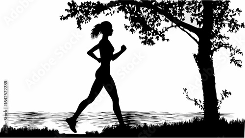 Silhouette of a woman jogging by a tree near water in a serene outdoor setting with detailed foliage | editable eps vectors