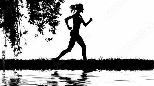 Silhouette of woman jogging near water and trees creating a peaceful nature scene with reflections | editable eps vectors
