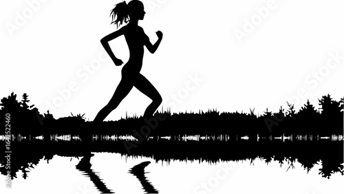 Silhouette of woman running near water with trees reflected in the water in black and white style scene | editable eps vectors