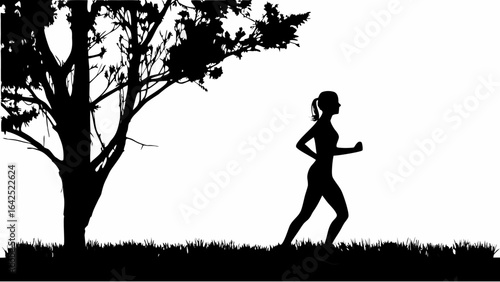 Silhouette of a woman jogging near a tree with leaves in a park on a sunny day with a clear sky view | editable eps vectors