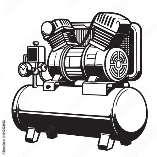 Illustrated black and white air compressor machine for mechanical and industrial purposes