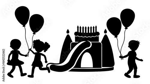 Silhouette illustration of children with balloons near a bouncy castle and birthday cake with candles | editable eps vectors