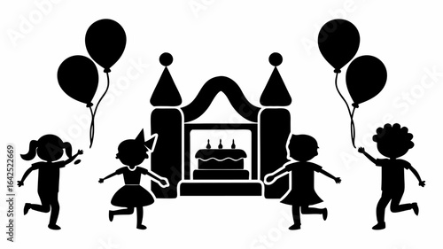Silhouette illustration of kids playing around a bouncy castle with balloons and a cake inside it | editable eps vectors