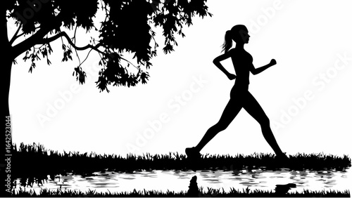 Silhouette of woman jogging near a tree and water in a park on a bright sunny day in black and white style | editable eps vectors