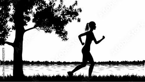 Silhouette of a woman running near a lake with trees in the background on a bright sunny day scene | editable eps vectors