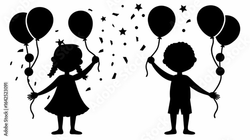 Silhouette of a girl and boy holding balloons with confetti and stars falling around them in black and white | editable eps vectors