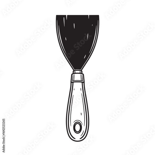 Illustrated vintage paint scraper on a white background with simple black and white design.