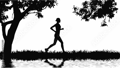 Silhouette of a woman running near a tree and water with reflections in a monochrome black and white scene | editable eps vectors