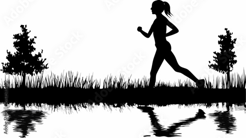 Silhouette of a woman jogging near a lake with trees and grass in a black and white landscape scene | editable eps vectors