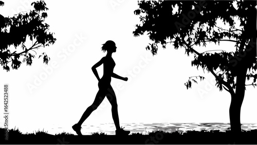 Silhouette of a woman jogging near the water with trees in the background on a bright sunny day | editable eps vectors