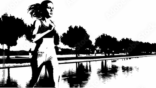 Silhouette of a woman running along a reflective pool with trees in the background in black and white | editable eps vectors