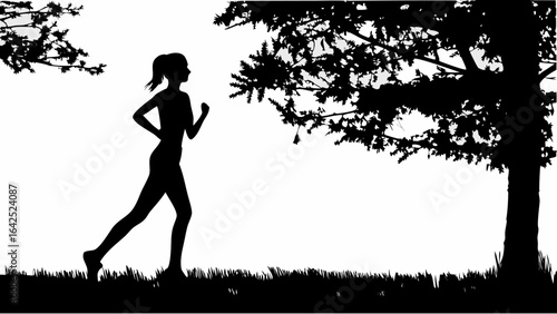 Silhouette of a woman jogging in a park with trees and grass on a bright day in black and white style | editable eps vectors