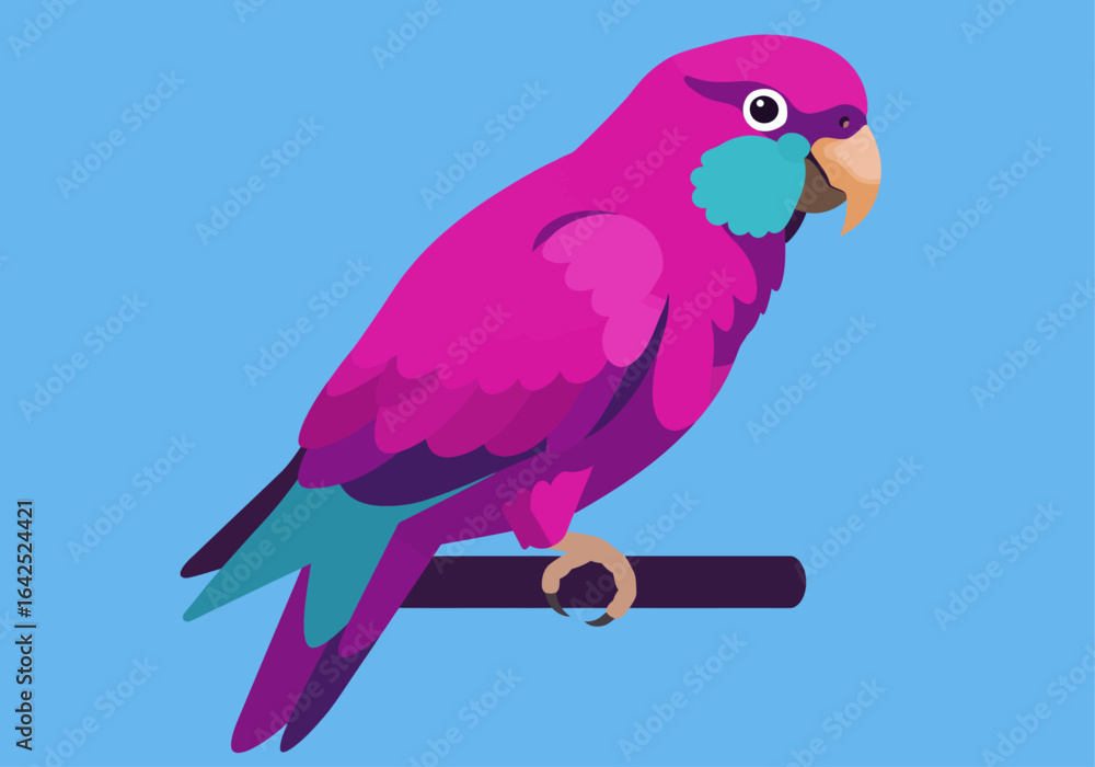 Fototapeta premium A vibrant, stylized illustration of a bright pink parrot with turquoise accents perched on a dark brown branch against a solid blue background.