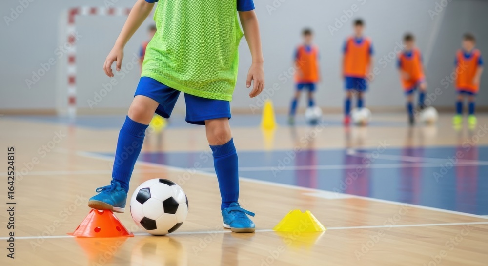 Fototapeta premium A young soccer player in a green bib and blue shorts dribbles a ball around orange cones during an indoor training session