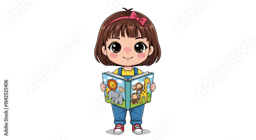 adorable girl reading animal book perfect for childrens education