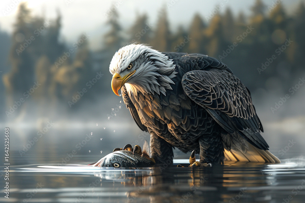 Fototapeta premium Powerful Bald Eagle Mid-Hunt in Peaceful Woodland Lake