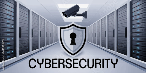 Modern Data Center Cybersecurity Concept with Server Racks, Surveillance Camera, and Secure Shield Icon Illustration