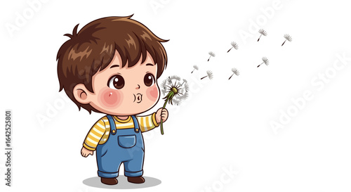 cute boy blowing dandelion seeds whimsical childhood joy