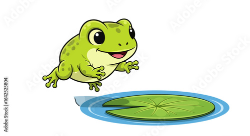 happy frog leaping towards lily pad joyful nature illustration