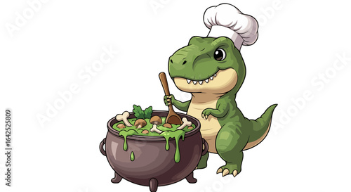 adorable chef dinosaur stirring delicious prehistoric soup