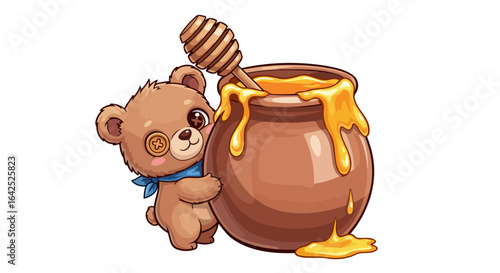 adorable bear cub and honey pot sweet illustration for kids