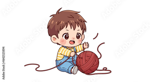 adorable toddler playing with red yarn ball cute child illustration