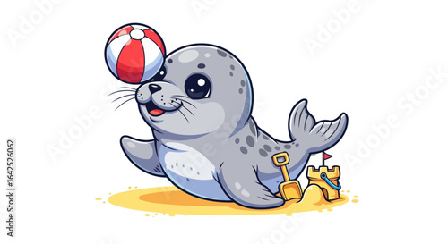 adorable seal pup plays beach ball fun summer stock photo