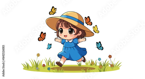 little girl chasing butterflies joyful springtime illustration
