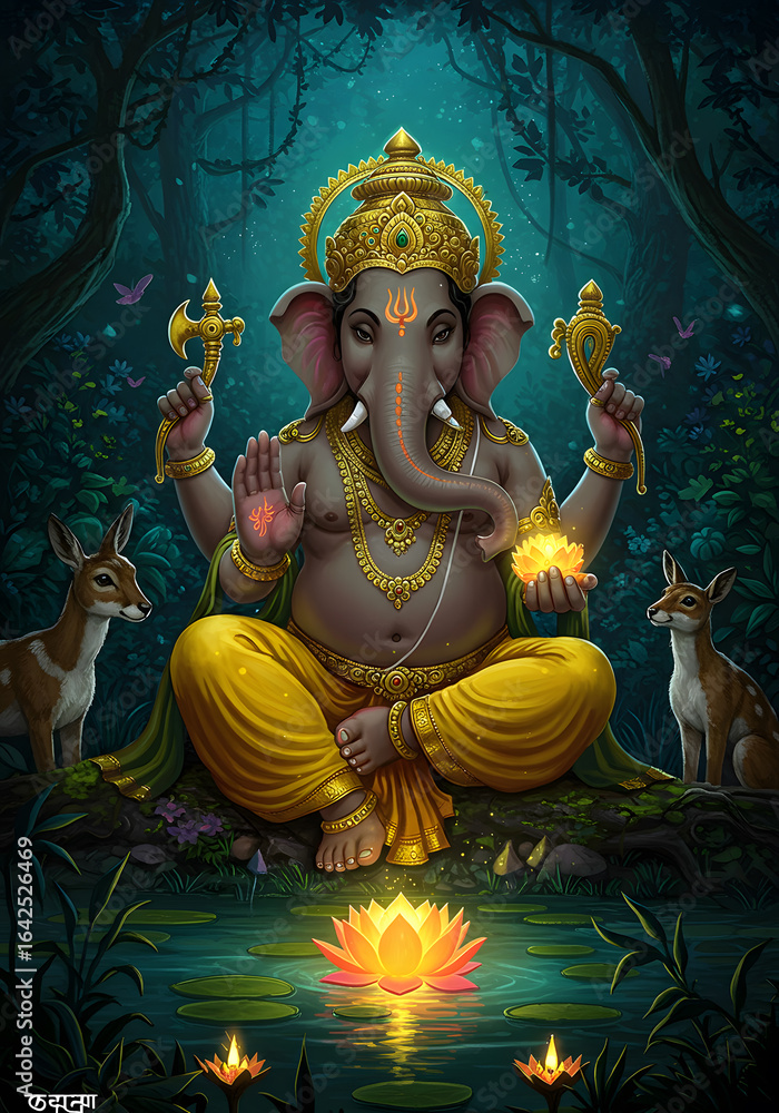 Fototapeta premium Divine Ganesha Illustration Indian God, Hindu Deity, Elephant Head, Lotus, Forest, Deer, Spiritual Art, Symbolism, Religion