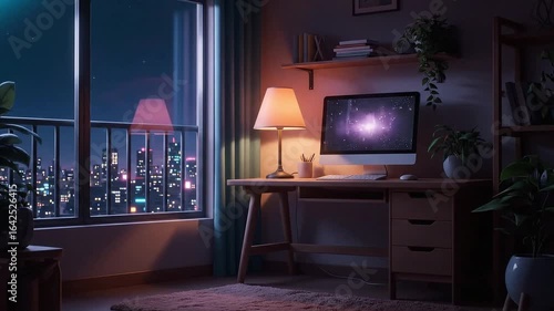 Wallpaper Mural Nighttime Home Office Scene with Computer and Warm Lighting in a Modern Room Torontodigital.ca