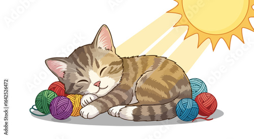 kitten napping in sunbeams amongst colorful yarn balls