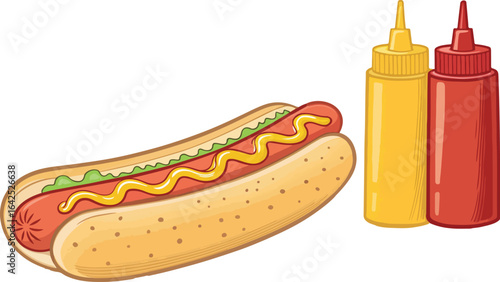 Hot dog and Tomato sauce and mustard sauce in white background, Hot dog illustration vector design