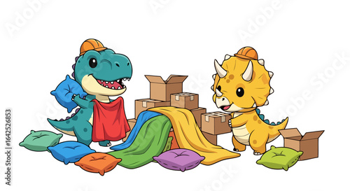 adorable dinosaur duo packing boxes moving day fun