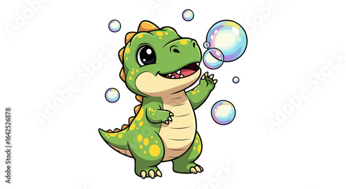 adorable baby dinosaur blowing bubbles cute cartoon illustration