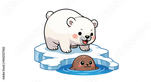 adorable polar bear cub and seal pup on melting ice floe