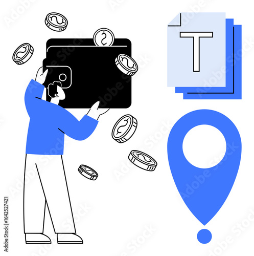 Person holding a digital wallet as coins fall, accompanied by text file icons and a location marker. Ideal for fintech platform, file storage, navigation, payment systems, savings, finance apps