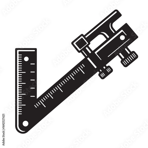 Black and white illustration of a metal combination square with ruler and measuring markings