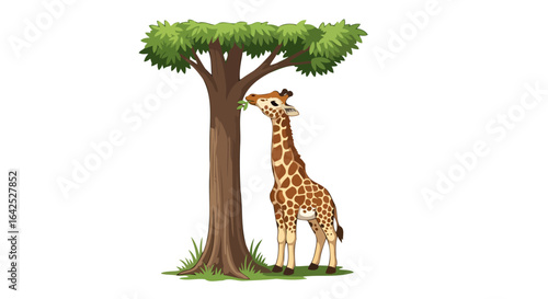 adorable giraffe reaching high for tasty leaves in a cartoon style