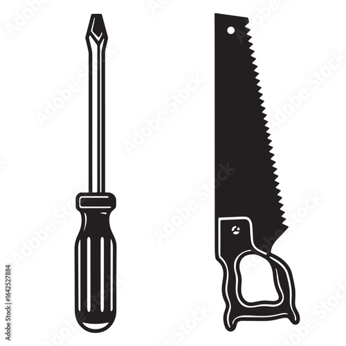 Black and white illustration of a screwdriver and hand saw for carpentry and construction