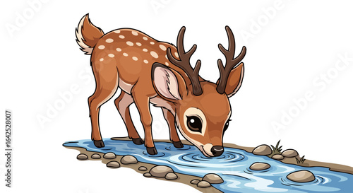 adorable fawn quenches thirst cartoon illustration for childrens books
