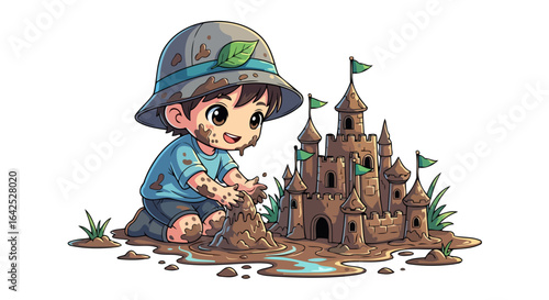 happy mud play child building a sandcastle in a puddle