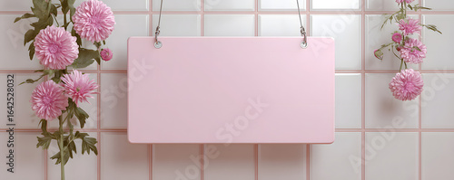 Pink rectangular hanging sign with flowers against a tiled wall background