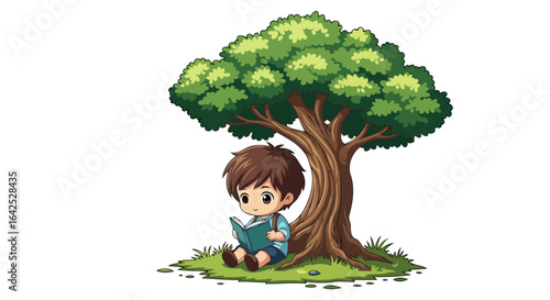 boy reading book under tree natures classroom illustration