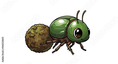 adorable green dung beetle rolling its treasure cartoon illustration