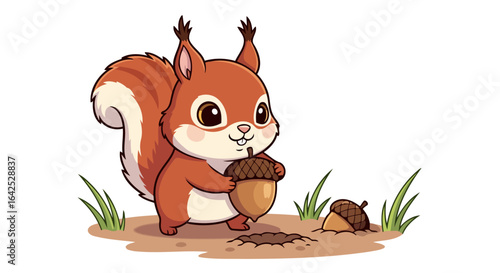 adorable squirrel burying acorn cute autumn harvest illustration