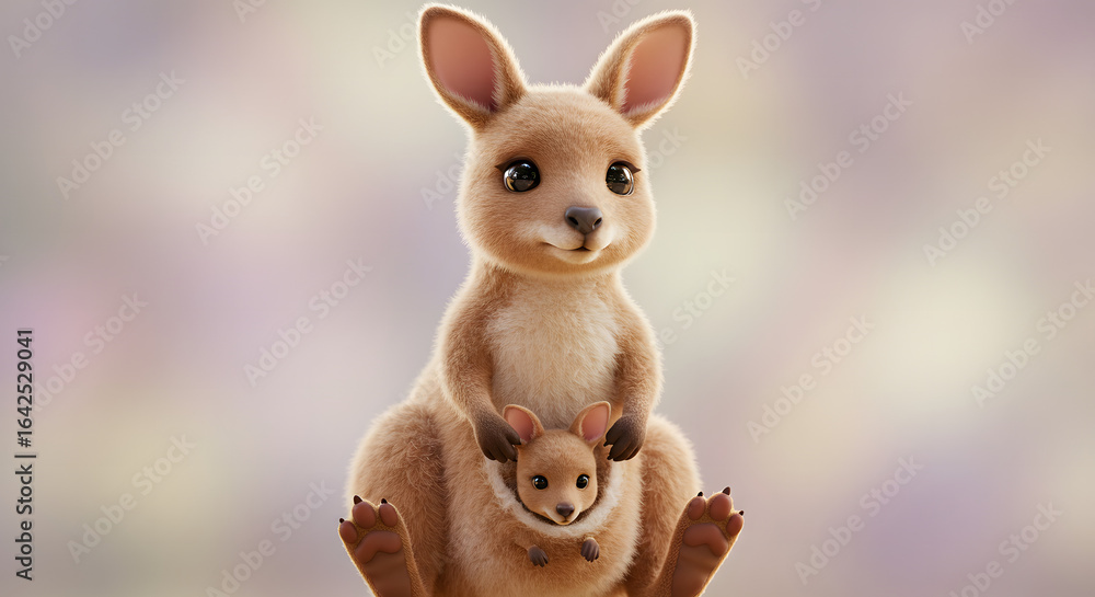 Obraz premium A tender concept of motherhood, featuring a cute kangaroo and her baby joey in a pouch. Adorable 3D animal illustration.