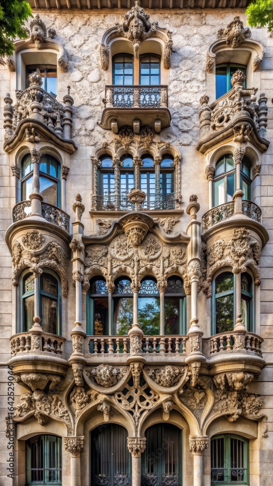 Obraz premium Modernist architectural facade with ornate details and intricate stone carvings